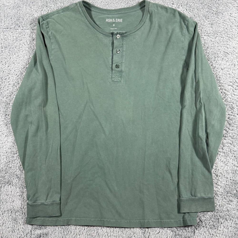 Ash & Erie Henley Shirt Mens Size M Green Long Sleeve Cotton Pinhole
